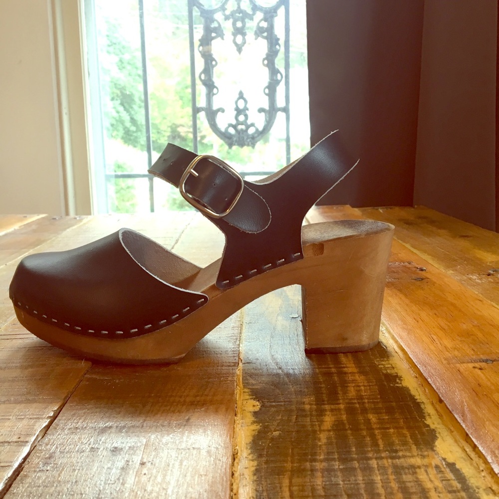 Handmade black wooden sole clogs